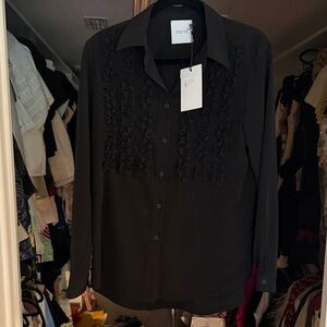 Black Ruffle-Front Button-Up Blouse